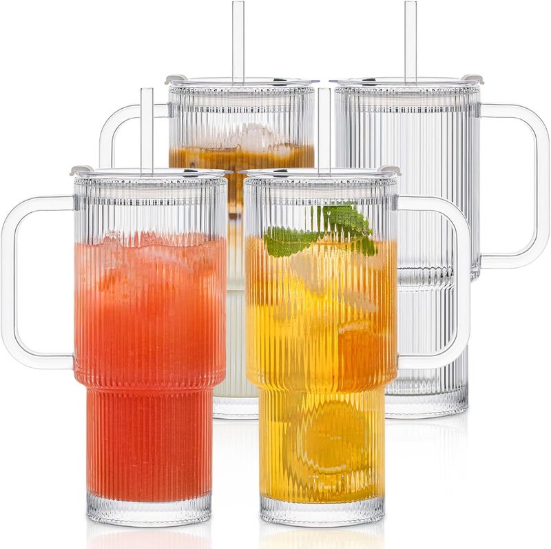 INSETLAN 26oz Ribbed Glass Tumbler with Handle & Lid – 4-Pack Large Iced Coffee Cups with Straws, Modern Glass Mug for Cold & Hot Beverages, Aesthetic Travel Cup for Smoothies, Tea, and Juice - Image 1