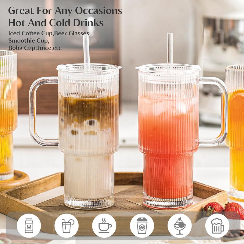 INSETLAN 26oz Ribbed Glass Tumbler with Handle & Lid – 4-Pack Large Iced Coffee Cups with Straws, Modern Glass Mug for Cold & Hot Beverages, Aesthetic Travel Cup for Smoothies, Tea, and Juice - Image 4