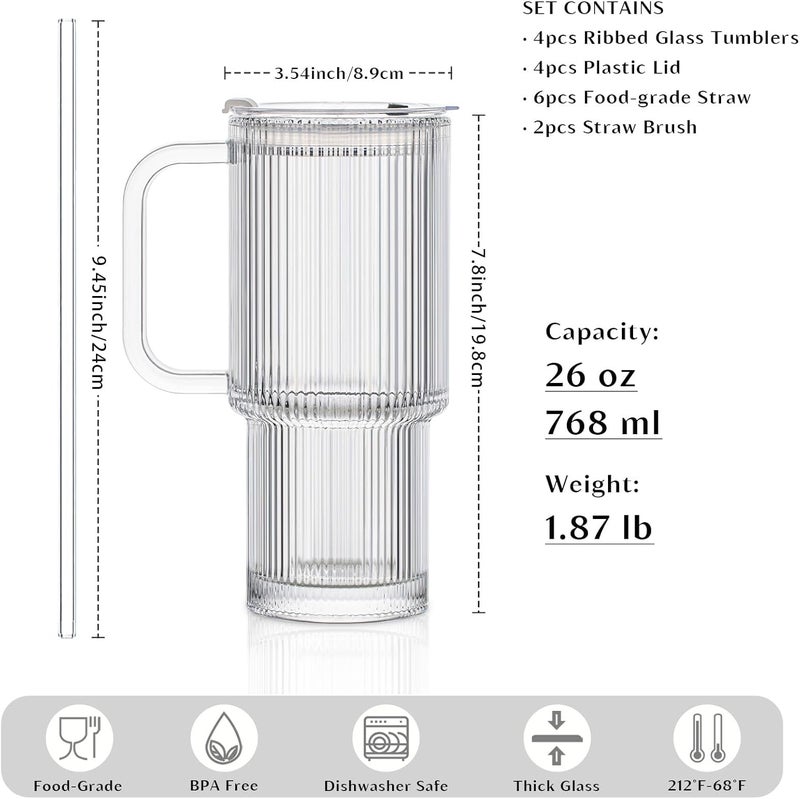 INSETLAN 26oz Ribbed Glass Tumbler with Handle & Lid – 4-Pack Large Iced Coffee Cups with Straws, Modern Glass Mug for Cold & Hot Beverages, Aesthetic Travel Cup for Smoothies, Tea, and Juice - Image 2