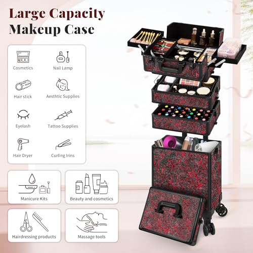 JINGUAN Profesional Rolling Makeup Train Case with Lid, 5 in 1 Cosmetology Case on Wheels, Large Cosmetic Trolley Organizer Travel for Hairstylist Artist Nail Beauty Salon Barber, Red - Image 3