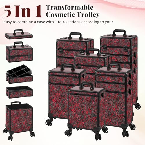 JINGUAN Profesional Rolling Makeup Train Case with Lid, 5 in 1 Cosmetology Case on Wheels, Large Cosmetic Trolley Organizer Travel for Hairstylist Artist Nail Beauty Salon Barber, Red - Image 2
