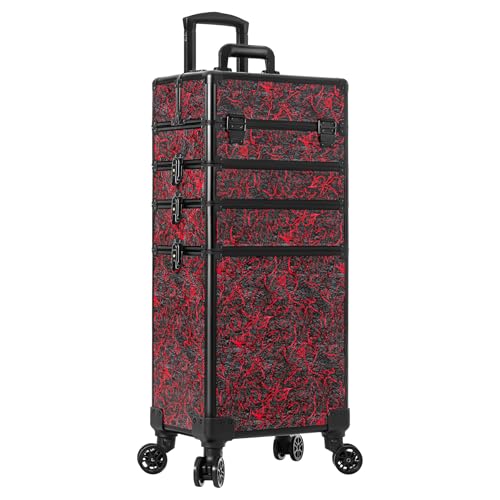 JINGUAN Profesional Rolling Makeup Train Case with Lid, 5 in 1 Cosmetology Case on Wheels, Large Cosmetic Trolley Organizer Travel for Hairstylist Artist Nail Beauty Salon Barber, Red - Image 1