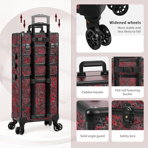 JINGUAN Profesional Rolling Makeup Train Case with Lid, 5 in 1 Cosmetology Case on Wheels, Large Cosmetic Trolley Organizer Travel for Hairstylist Artist Nail Beauty Salon Barber, Red - Image 5