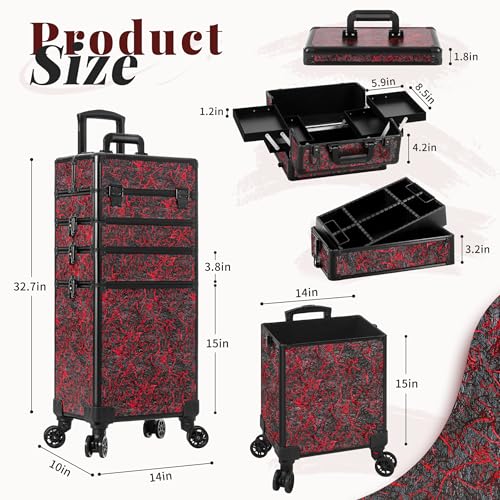 JINGUAN Profesional Rolling Makeup Train Case with Lid, 5 in 1 Cosmetology Case on Wheels, Large Cosmetic Trolley Organizer Travel for Hairstylist Artist Nail Beauty Salon Barber, Red - Image 4