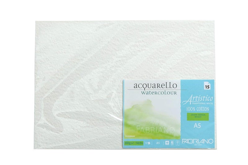 FABRIANO Artistico Traditional White Watercolour paper, 100% cotton – Rough, 300 GSM, Size A5, 15 Sheets|Ideal for watercolour, drawing, with tempera, gouache, acrylic, ink, charcoal, graphite. - Image 1