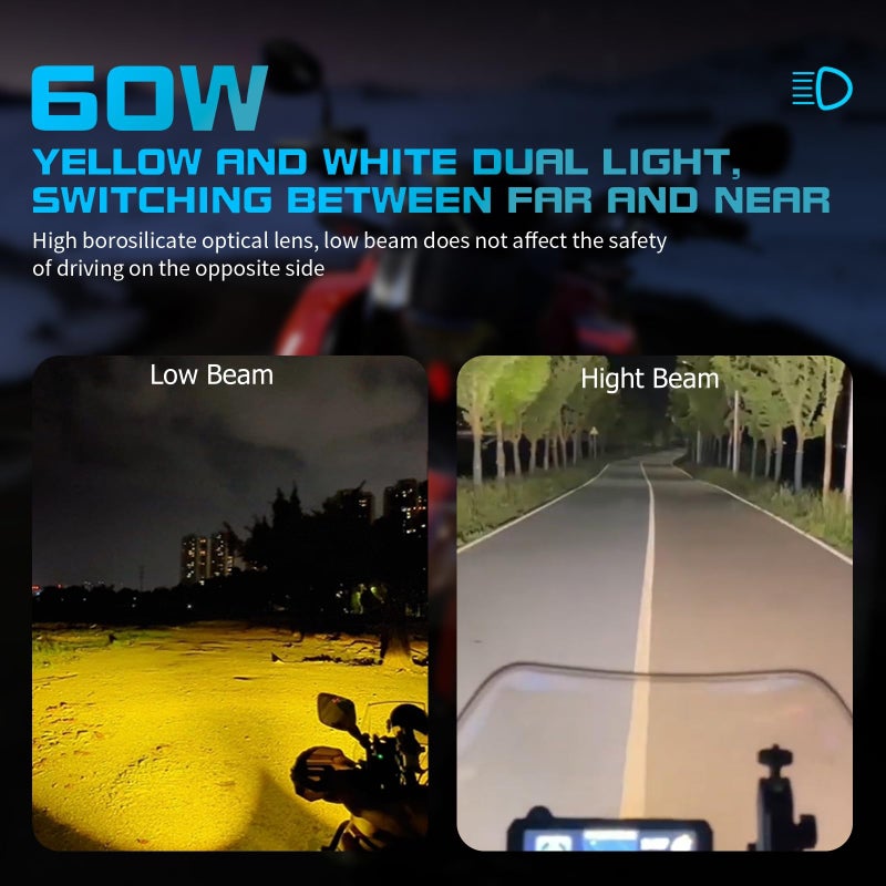 Kewig Motorcycle Auxiliary LED Light Kit Driving Spotlights White/Amber Fog Light with Mount Brackets Wire Harness Waterproof 60W Offroad Work Lights Compatible with Motorcycle J-eep Car Truck - Image 2