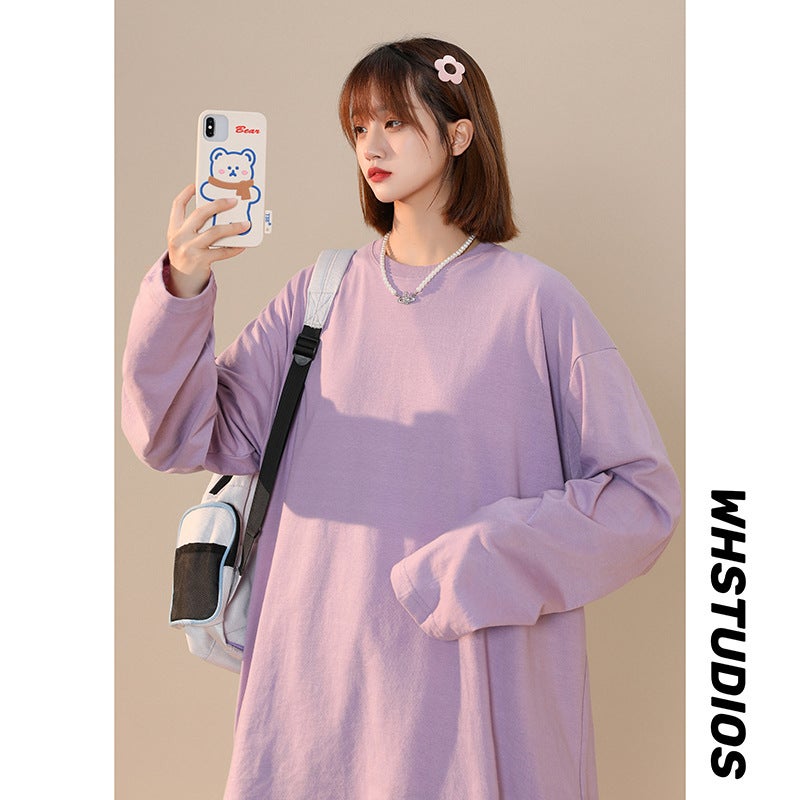 2022 Hong Kong Style Couple Simple Solid Color Loose Long Sleeve T-Shirt Men'S Casual Round Neck Pullover Base Shirt - Image 1