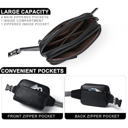 LATMAP 3L Fanny Pack Crossbody Bags for Women Men 4-Zipper Pockets Belt Bag Sling Waist Pack Faux Leather Chest Bag Purse Black - Image 4