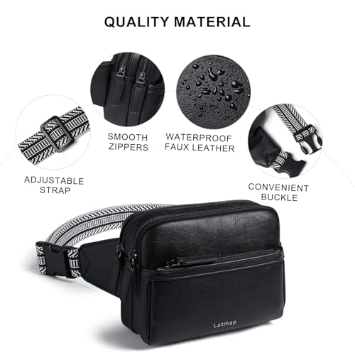 LATMAP 3L Fanny Pack Crossbody Bags for Women Men 4-Zipper Pockets Belt Bag Sling Waist Pack Faux Leather Chest Bag Purse Black - Image 5