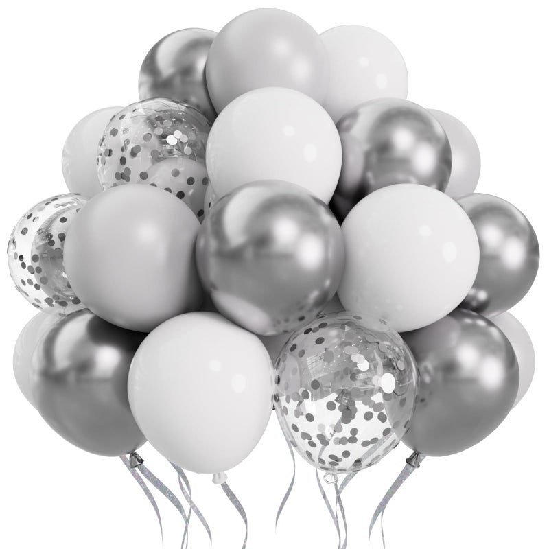 SUWEN 60PCS Metallic Silver Confetti Balloons Set Latex Helium Chrome Silver Balloon for Birthday New Year Wedding Party Decorations