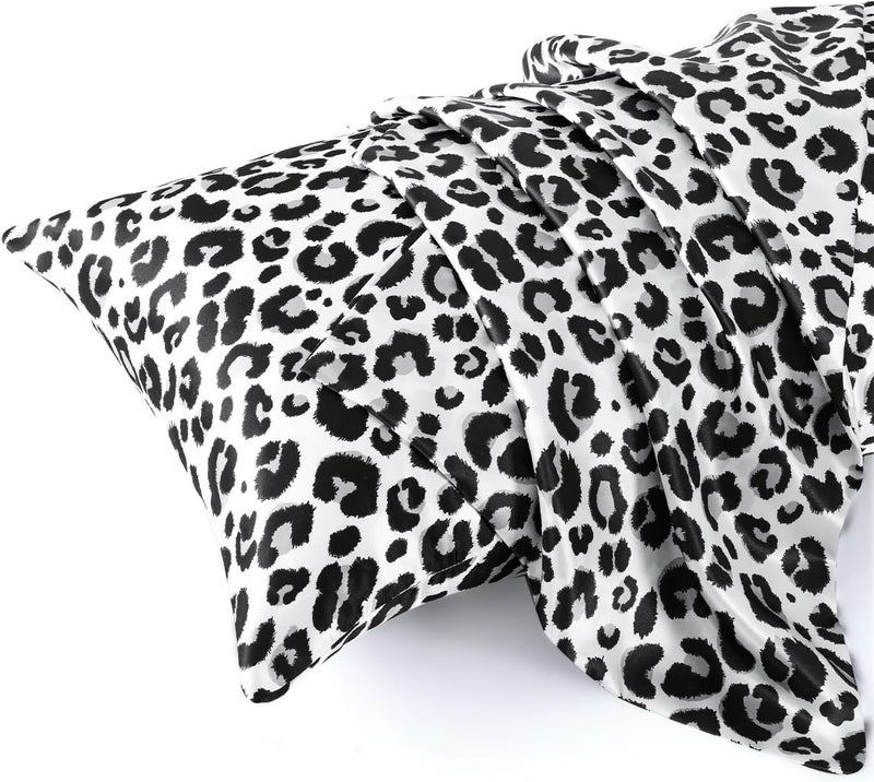 MR&HM Satin Body Pillow Cover, Soft and Breathable Body Pillow Case with Envelope Closure, Cooling and Silky Long Pillowcase for Hair and Skin,Grey (20x54, White Leopard) - Image 1