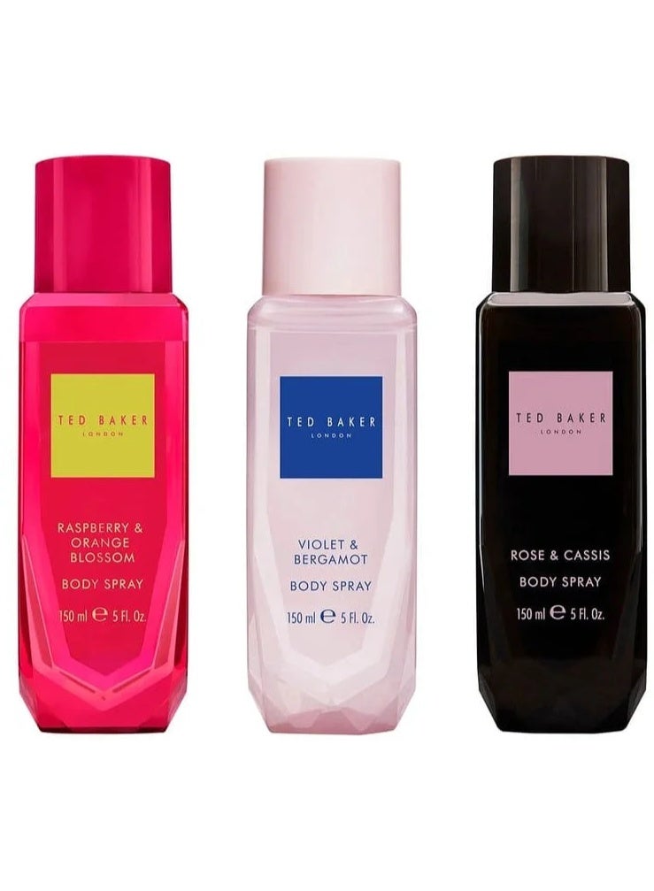 Ted Baker Body Spray Trio, Violet & Bergamot + Rose & Cassis + Raspberry & Orange Blossom - 150ml each - Image 1