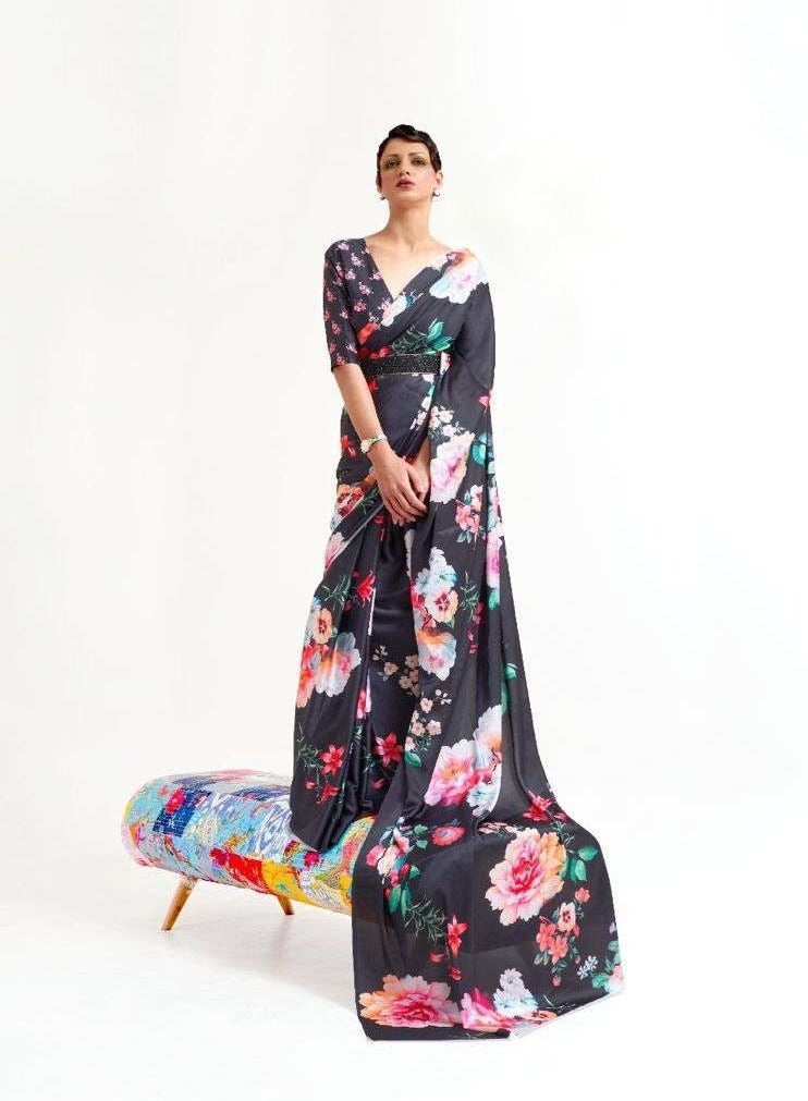 Grab Mantra Black Satin Floral Print Saree with Contrast Green Colour Unstitched Blouse 