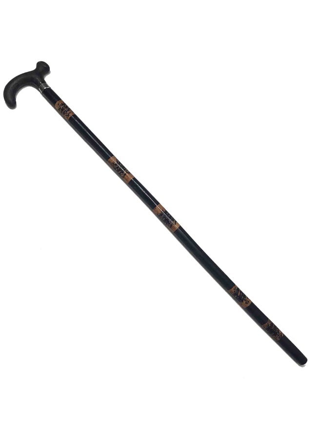 Generic Wooden cane with black and brown engraved plastic handle - Image 1