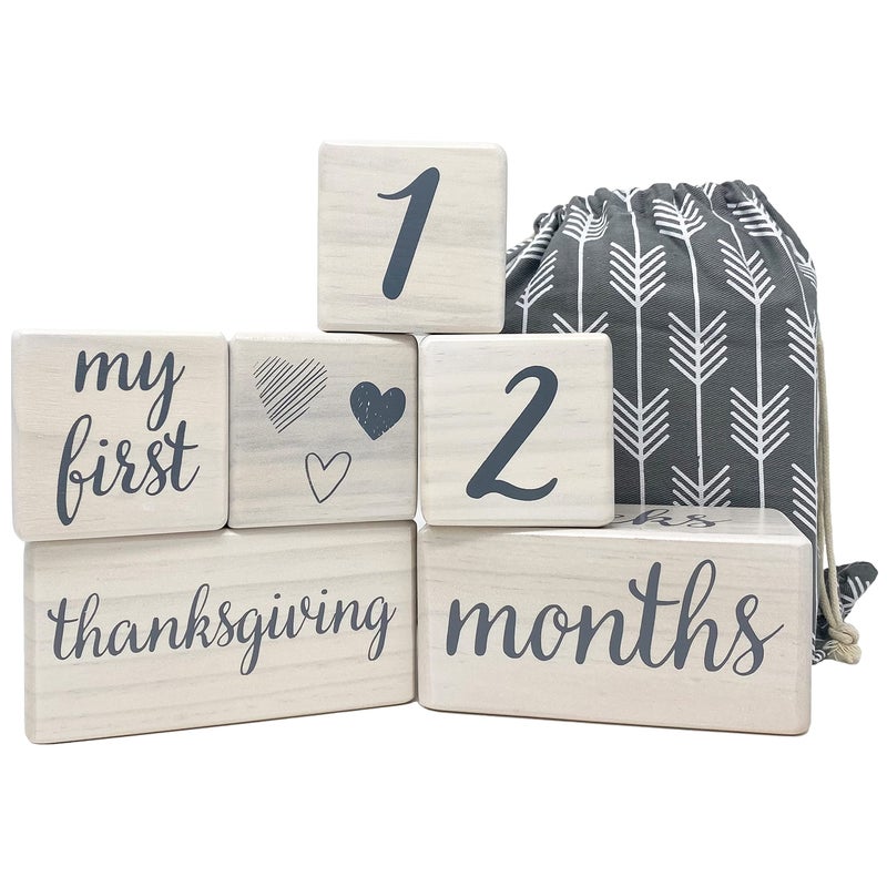 Pondering Pine Baby Milestone Blocks Natural White Stain Pine Wood with Weeks Months Years Grade and Holidays Newborn Weekly Monthly First Year Picture Props 6 Block Milestones Age Set with Bag