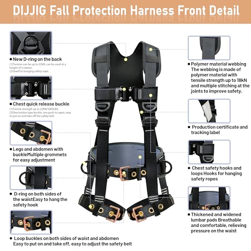 DIJJIG Fall Protection Safety Harnesses Full Body Roofing Construction Harness 5 Point Adjustment Harness Padded Black OSHA/ANSI COMPLIANT - Image 2