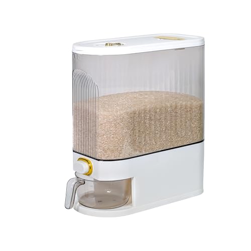 BERGFBV Rice Storage Container 10kg, Clear Food Grain Dispenser with Date Dial & Measuring Cup, Space-Saving Organizer for Rice, Cereal, Pet Food, Pasta - Image 1
