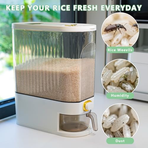 BERGFBV Rice Storage Container 10kg, Clear Food Grain Dispenser with Date Dial & Measuring Cup, Space-Saving Organizer for Rice, Cereal, Pet Food, Pasta - Image 3