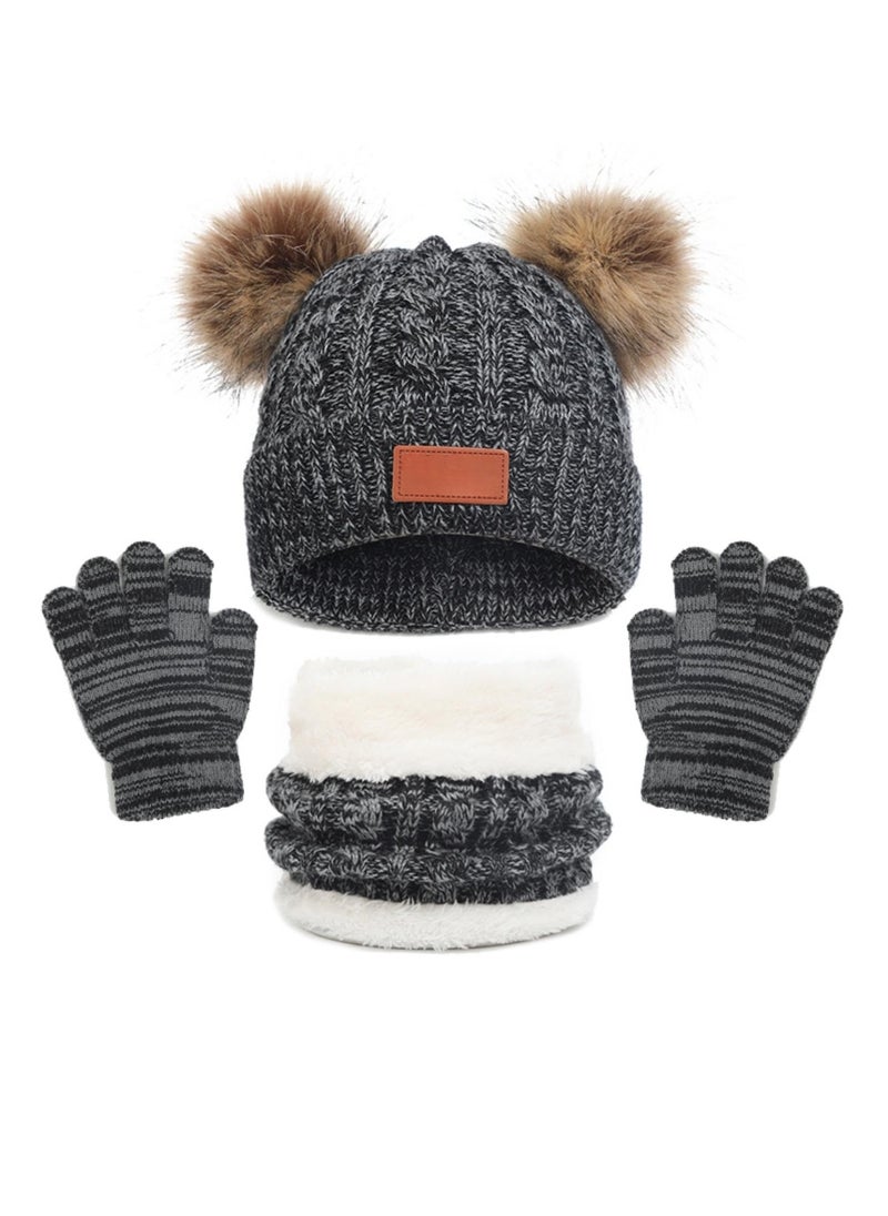 SYOSI Kids Winter Hat Gloves Scarf Set for 2-6 Years Old - Warm Knit Pompom Beanie Cap Neck Warmer Gloves Winter Warm Knitted Beanie Hat Scarf Gloves Set High Quality Pure Plush Black  - Image 1