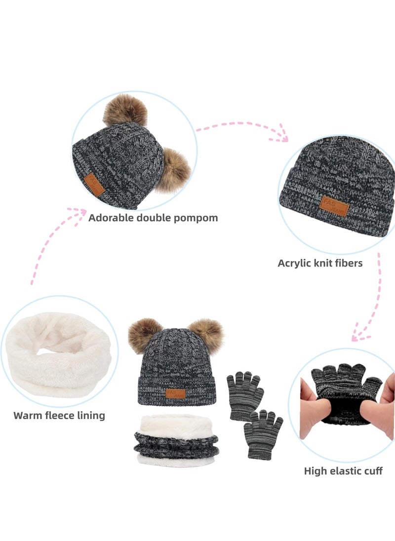 SYOSI Kids Winter Hat Gloves Scarf Set for 2-6 Years Old - Warm Knit Pompom Beanie Cap Neck Warmer Gloves Winter Warm Knitted Beanie Hat Scarf Gloves Set High Quality Pure Plush Black  - Image 2