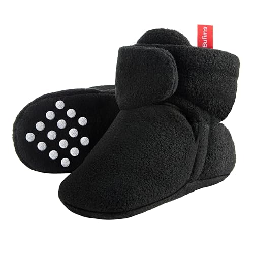 Bufims Baby Booties 0-3 Months Unisex Soft Fleece Newborn Booties With Non-Slip Sole House Slippers Shoes For Baby Gifts, Black - Image 1