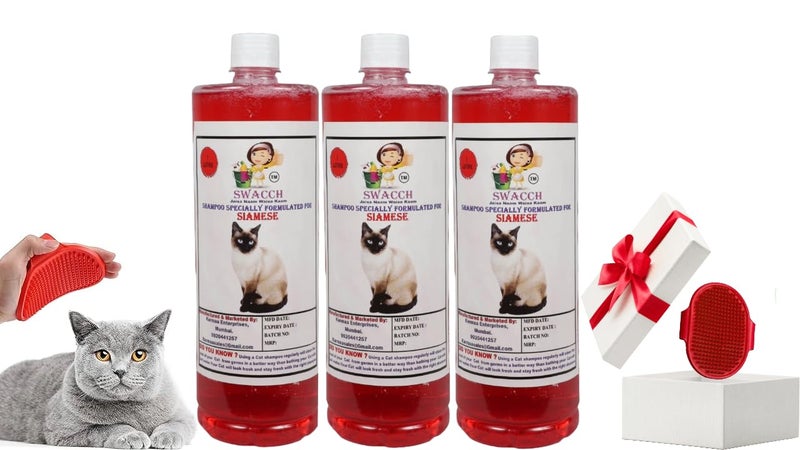 Swacch Siamese Cat Shampoo -1 Litre (Pack of 3) (Strawberry) + Bath Brush with Adjustable Straps Combo Pack - Image 1
