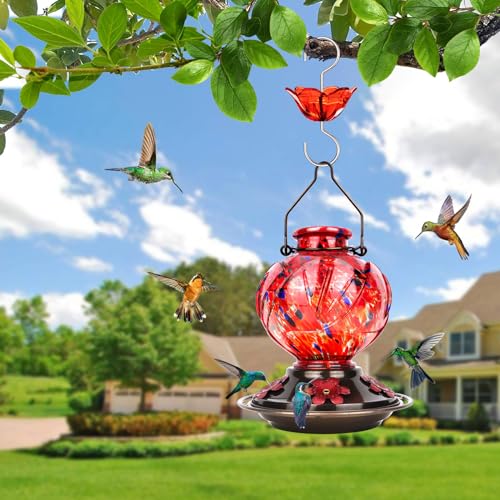 BOLITE Hummingbird Feeder, Hand Blown Glass Hummingbird Feeders for Outdoors Hanging, with Ant Moat and 5 Feeding Ports, 22 Ounces, Peony Flower Shape, Red, Gifts for Women Men, Gifts for Mom Dad - Image 4