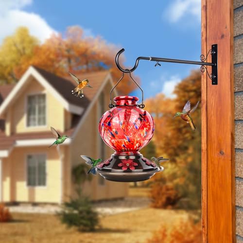 BOLITE Hummingbird Feeder, Hand Blown Glass Hummingbird Feeders for Outdoors Hanging, with Ant Moat and 5 Feeding Ports, 22 Ounces, Peony Flower Shape, Red, Gifts for Women Men, Gifts for Mom Dad - Image 2