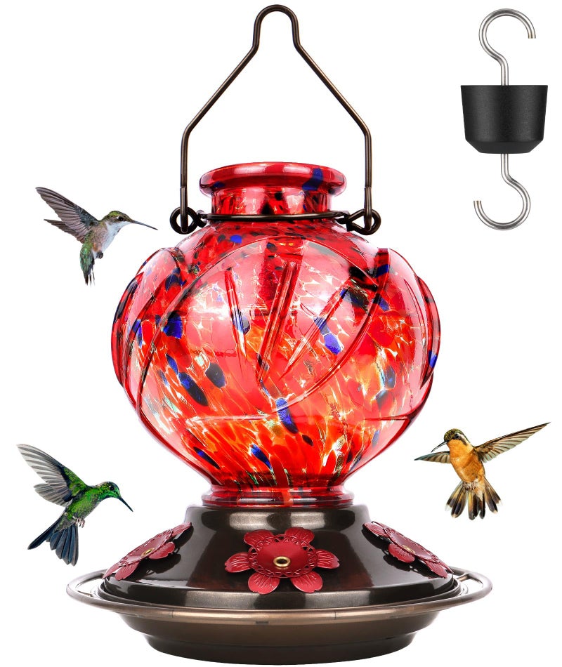 BOLITE Hummingbird Feeder, Hand Blown Glass Hummingbird Feeders for Outdoors Hanging, with Ant Moat and 5 Feeding Ports, 22 Ounces, Peony Flower Shape, Red, Gifts for Women Men, Gifts for Mom Dad - Image 1