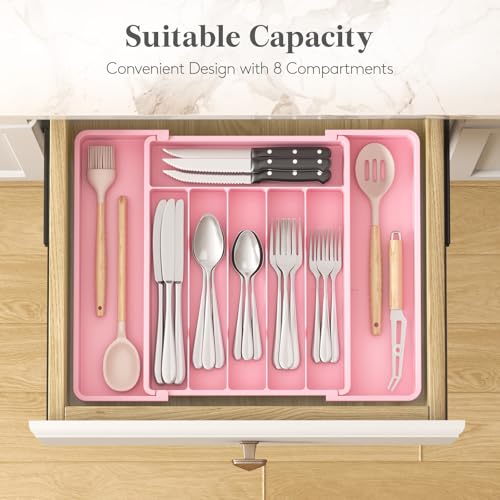 Lifewit Silverware Drawer Organizer, Expandable Utensil Tray for Kitchen, BPA Free Flatware and Cutlery Holder, Adjustable Plastic Storage for Spoons Forks Knives, 10.9"-17.5" x 13.7", Pink - Image 3