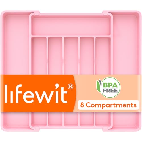 Lifewit Silverware Drawer Organizer, Expandable Utensil Tray for Kitchen, BPA Free Flatware and Cutlery Holder, Adjustable Plastic Storage for Spoons Forks Knives, 10.9"-17.5" x 13.7", Pink - Image 1