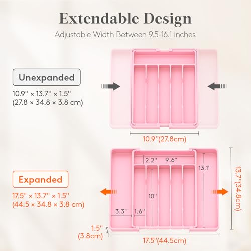 Lifewit Silverware Drawer Organizer, Expandable Utensil Tray for Kitchen, BPA Free Flatware and Cutlery Holder, Adjustable Plastic Storage for Spoons Forks Knives, 10.9"-17.5" x 13.7", Pink - Image 2