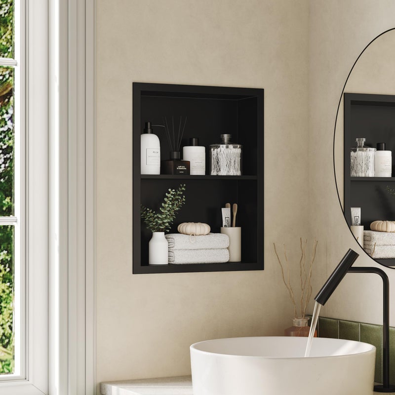 Qeke 14x18 Medicine Cabinet Recessed Medicine Cabinet Without Mirror 304 Stainless Steel Medicine Wall Niche with Double Shelves Matte Black