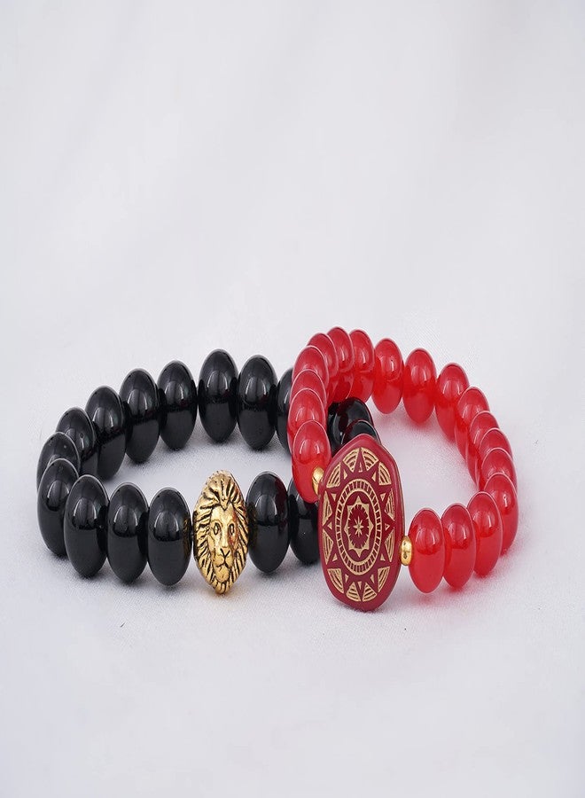 JFL Unisex Adult - Jewellery For Less Combo Of Black & Red Bead Handmade Lion Face Stretchable Rakhi Bracelet For Bhaiya Bhabhi Couples,Valentine - Image 3