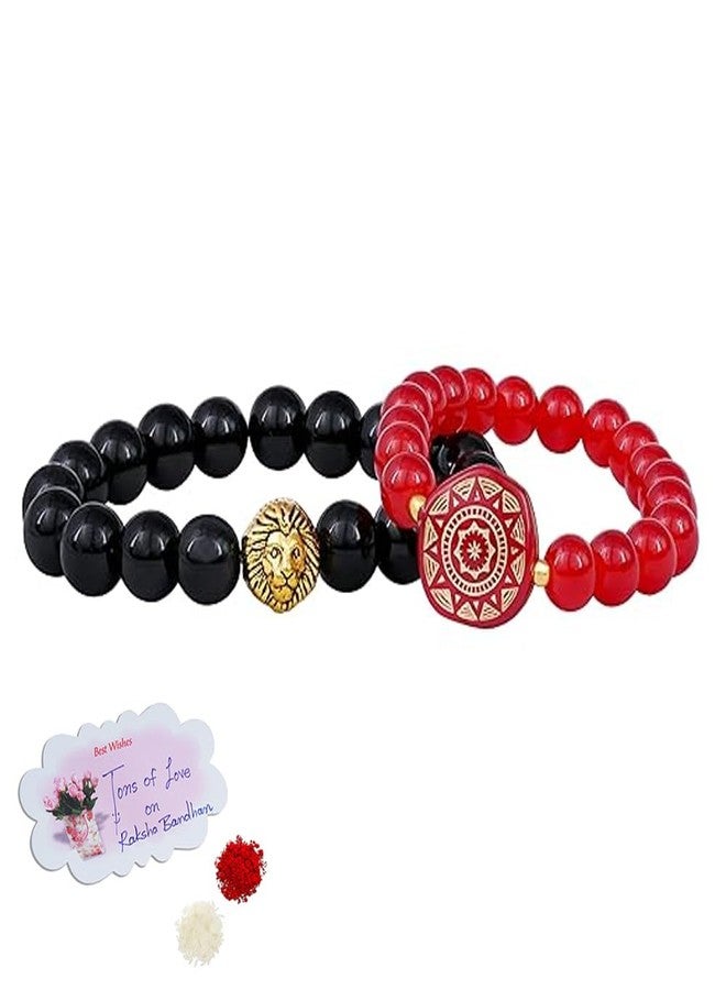 JFL Unisex Adult - Jewellery For Less Combo Of Black & Red Bead Handmade Lion Face Stretchable Rakhi Bracelet For Bhaiya Bhabhi Couples,Valentine - Image 1