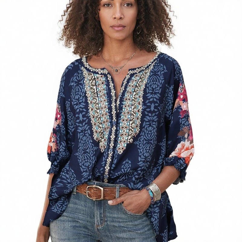 Oversized Round Neck Batwing Sleeve Retro Print Long Sleeve Cardigan for Women - Image 1