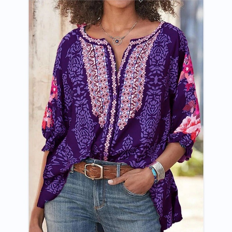 Oversized Round Neck Batwing Sleeve Retro Print Long Sleeve Cardigan for Women - Image 2