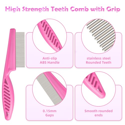 CAPHONT Flea Comb for Cats Dogs, 6 Pack Pet Lice Comb Set Pet Grooming Pets for Small, Medium & Large Pets（Pink） - Image 2