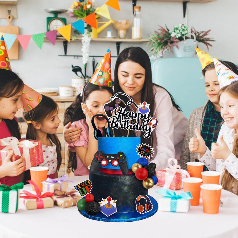 TOSPARTY Video Game Cake Toppers Video Game Happy Birthday Controller Headset Cake Decoration Ball Cake Decoration for Game Theme Birthday Party Cake Decoration (Blue Colorful) - Image 5