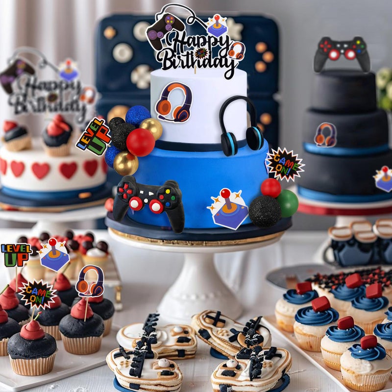 TOSPARTY Video Game Cake Toppers Video Game Happy Birthday Controller Headset Cake Decoration Ball Cake Decoration for Game Theme Birthday Party Cake Decoration (Blue Colorful) - Image 4