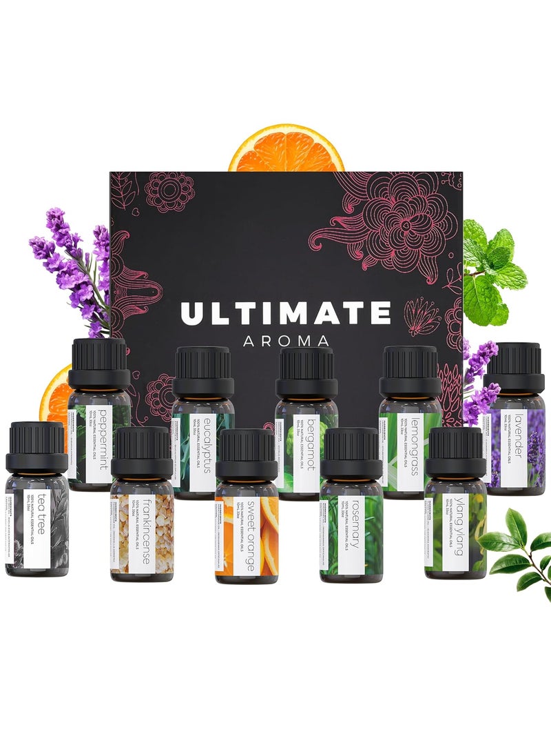 Pure Aroma Essential Oils by Ultimate Aroma Top 10 Aromatherapy Oils Gift Set - Lavender/Tea Tree/Eucalyptus/Peppermint/Lemongrass/Sweet Orange/Bergamot/Frankincense/Rosemary/Ylang Ylang (10ml). 
