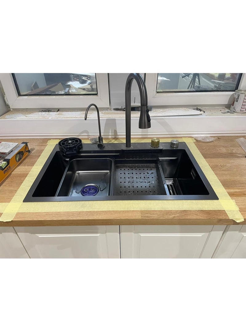 حوض مطبخ بتصميم شلال وصنبور بنمط مطر متطاير مصنوع من ستانلس ستيل 304، وعاء واحد وصنبور لغسل الاكواب، حوض مطبخ لغسالة الصحون (80 × 45 × 22 سم) - Image 3