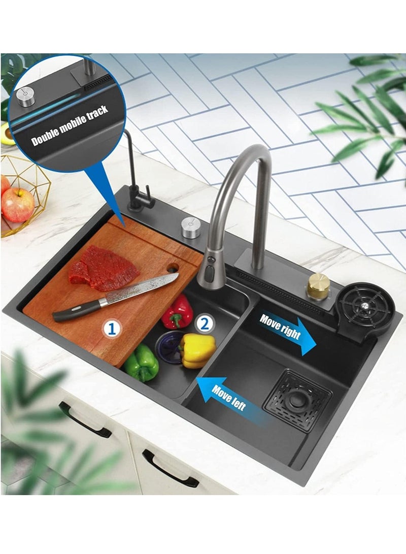 حوض مطبخ بتصميم شلال وصنبور بنمط مطر متطاير مصنوع من ستانلس ستيل 304، وعاء واحد وصنبور لغسل الاكواب، حوض مطبخ لغسالة الصحون (80 × 45 × 22 سم) - Image 2