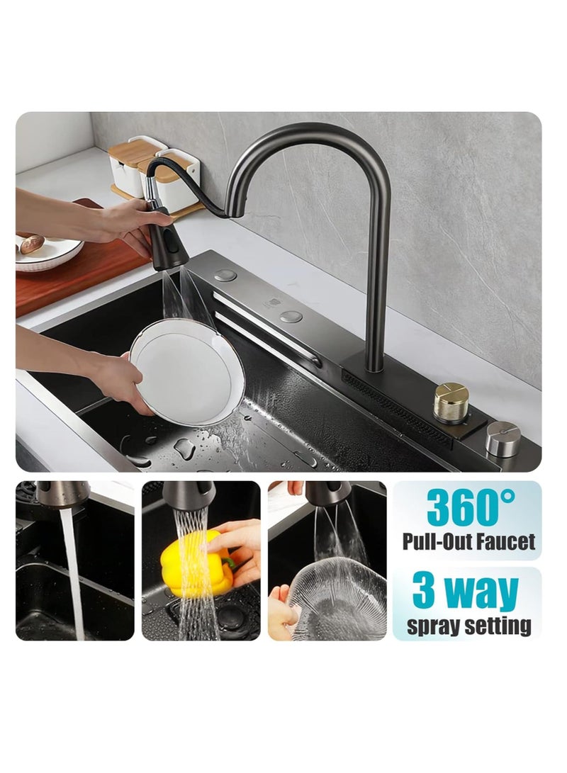 حوض مطبخ بتصميم شلال وصنبور بنمط مطر متطاير مصنوع من ستانلس ستيل 304، وعاء واحد وصنبور لغسل الاكواب، حوض مطبخ لغسالة الصحون (80 × 45 × 22 سم) - Image 5