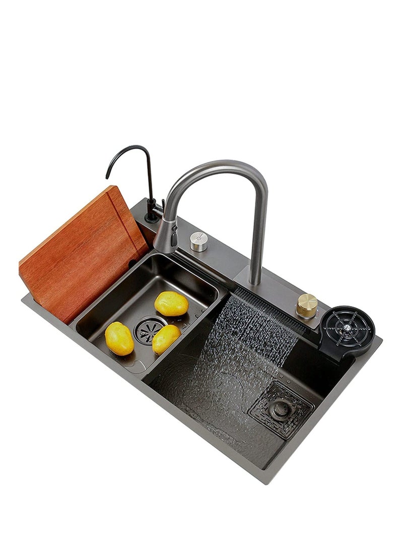 حوض مطبخ بتصميم شلال وصنبور بنمط مطر متطاير مصنوع من ستانلس ستيل 304، وعاء واحد وصنبور لغسل الاكواب، حوض مطبخ لغسالة الصحون (80 × 45 × 22 سم) - Image 1