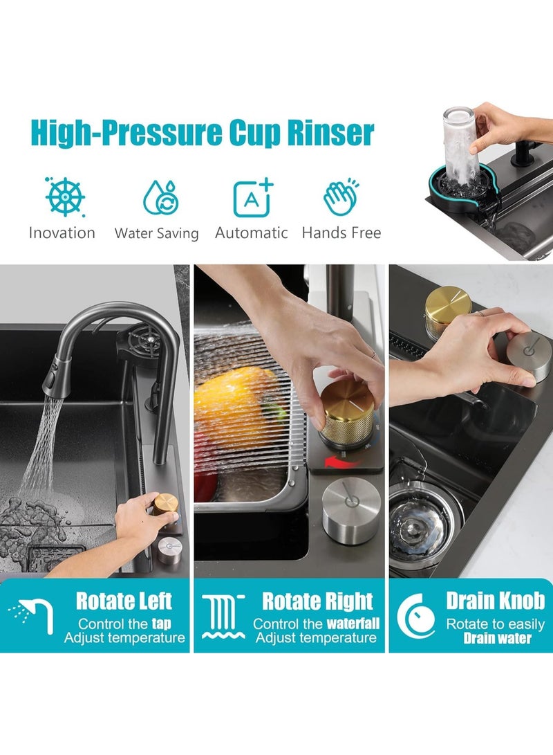 حوض مطبخ بتصميم شلال وصنبور بنمط مطر متطاير مصنوع من ستانلس ستيل 304، وعاء واحد وصنبور لغسل الاكواب، حوض مطبخ لغسالة الصحون (80 × 45 × 22 سم) - Image 4