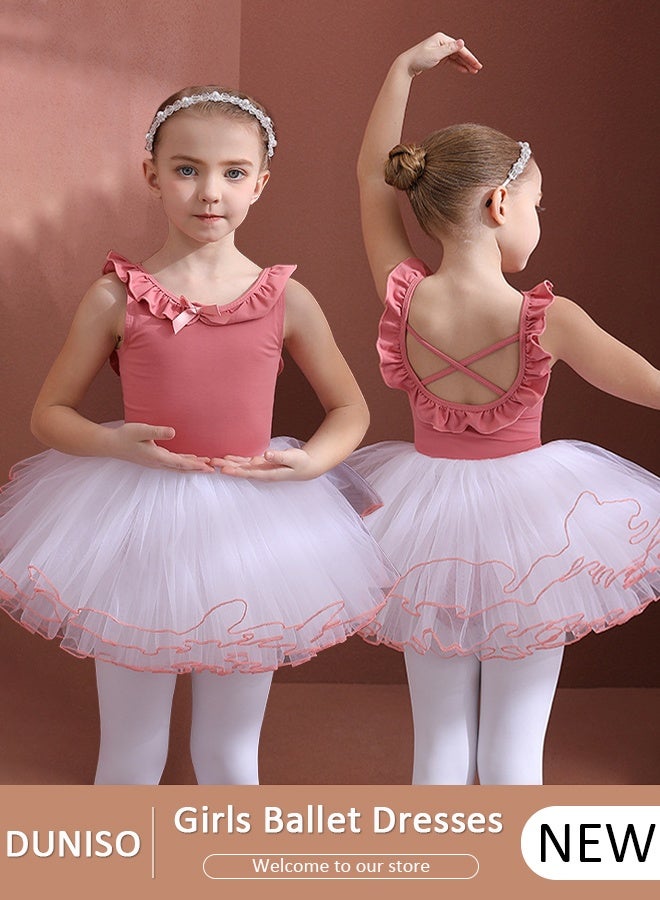 DUNISO Girls Ballet Leotards Toddler with Skirted,Skirted Leotards with Tutus Skirt Dance Dress with Lace Hemline, Ruffle Sleeve Dance Gymnastic Ballerina Ballet Outfit Dress, Mini Skirt Princess Dresses Dance Wear Clothes - Image 1