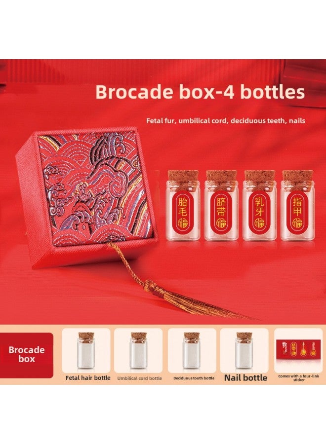 Baby Fetal Hair Souvenir Boys' And Girls' Fetal Hair Collection Box Deciduous Teeth Baby Umbilical Cord Preservation Bottle Homemade Collection Box-Specifications:Guofeng-Red Brocade Box -4 Bottled Stickers  - Image 1