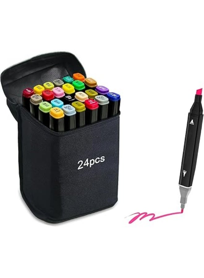 24 Pcs Art Marker Pen Set Dual Tips Blender Drawing Permanent Sketch Kids Adult Coloring Based Markers Artist Supplies For Coloring Pens Projects Marker Tip Sketching Paint With Carry