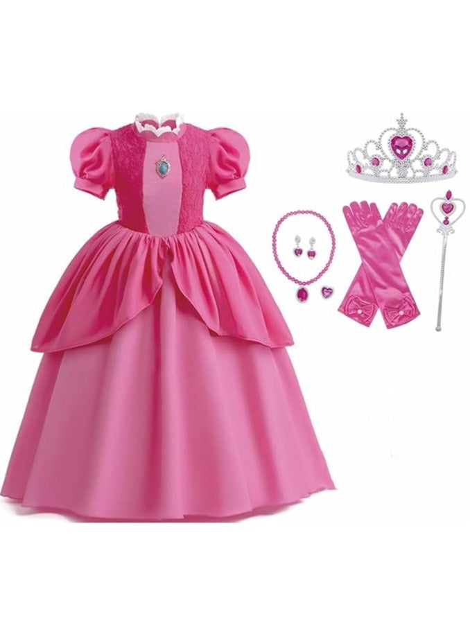 Peach Princess Costume,Peach Dress,Girls Dress Girls Party Cosplay,Princess Birthday Dress,Kids Costume Cosplay,Includes crown, necklace, earrings, gloves and rings  - Image 1